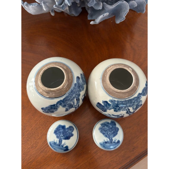 Pair of Small Blue & White Ginger Jars With Classic Chinese Motif For Sale In Los Angeles - Image 6 of 7