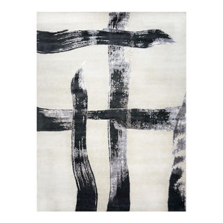 Indo-Napalese Modern Faye Wool & Silk 9x12 Light Grey & Black Handmade Area Rug #1144023 For Sale