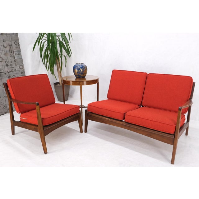Red Danish Mid-Century Modern Walnut Lounge Chair Settee Loveseat Couch Sofa Set For Sale - Image 8 of 18