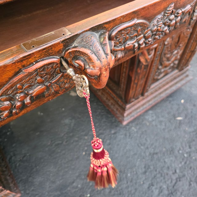 Antique Circa 1880 French Renaissance Revival Partner's Desk, Fully Carved on All Sides With Parquetry Top For Sale - Image 9 of 18
