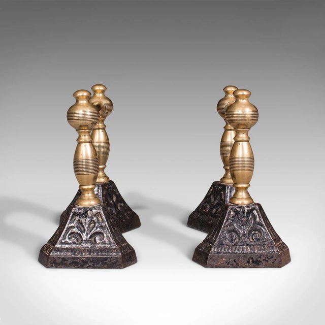 Victorian C.1880 Victorian Antique English Brass Iron Fireside Tool Rests Fire Dog- a Pair For Sale - Image 3 of 13