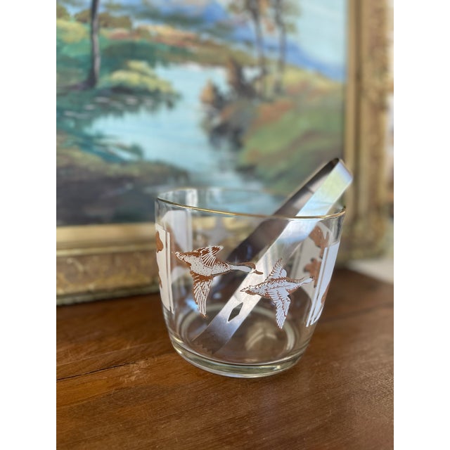 Gold Vintage Mid-Century Modern Ice Bucket With Ducks in Flight and Oak Leaf Motif, Gold Rim, and Stainless Steel Tongs - 2 pcs For Sale - Image 8 of 9