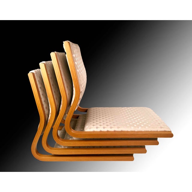 Four Japanese Tatami Bentwood Chair with Silk Brocade Cushions Chair features a sculptural molded plywood frame with a...