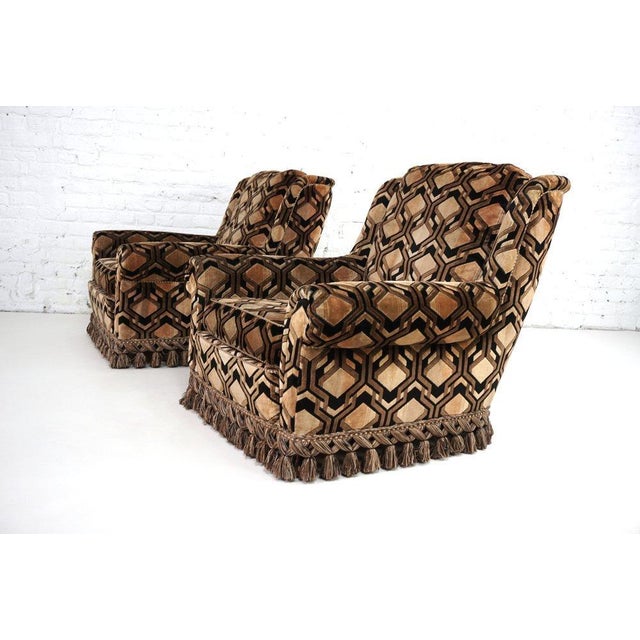 Pair of large armchairs in the Italian design style of the 1960s-1970s, upholstered in psychedelic graphic fabric, with...