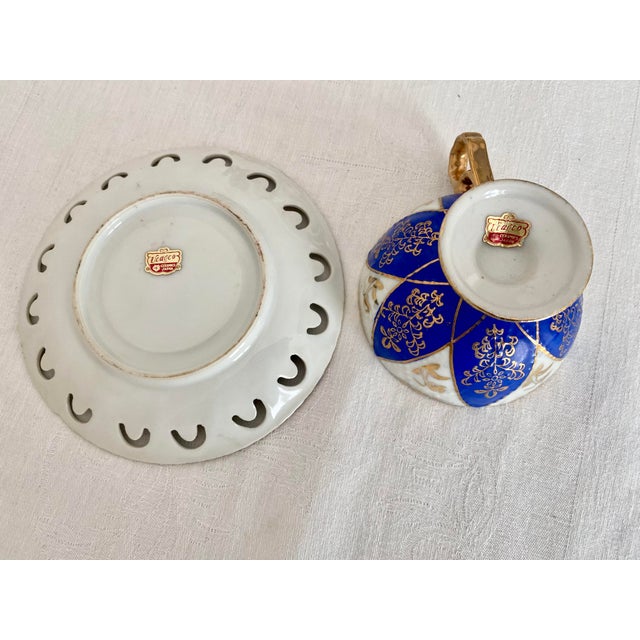 Traditional Vintage Ucagco Ceramics Japan Porcelain Teacup and Saucer Set Cobalt Blue Pink Rose Lusterware Pierced Scalloped Rim Mid-Century Excellent Condition For Sale - Image 3 of 13