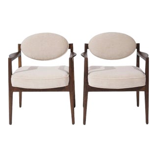 Pair of Jens Risom Walnut Armchairs in Natural Mohair, Circa 1950s For Sale