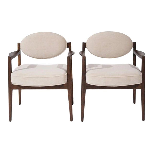 Pair of Jens Risom Walnut Armchairs in Natural Mohair, Circa 1950s For Sale