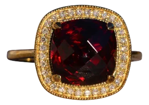 The 179th Avenue: Checkerboard Cut Garnet and Natural Diamond Halo Ring in Yellow Gold