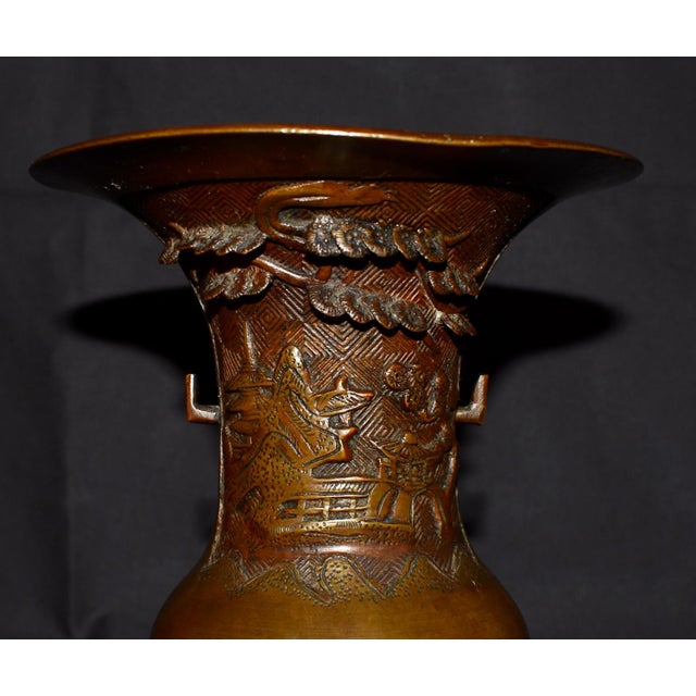 Antique Japanese Bronze Vase With Figural and Landsape Motif For Sale - Image 9 of 14