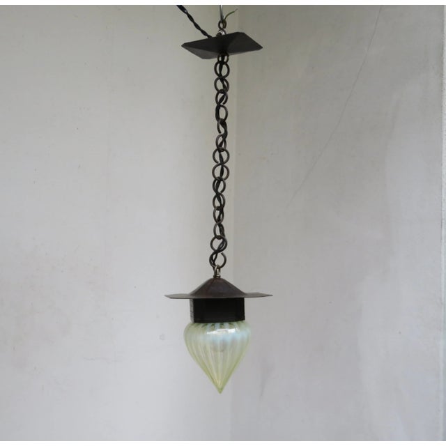 Small Antique Art Nouveau Wrought Iron and Glass Ceiling Lamp For Sale - Image 18 of 18