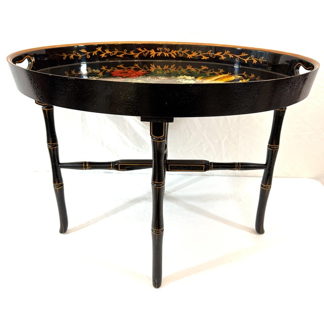 Late 20th Century Regency Chinoiserie Style Lacquer and Faux Bamboo Folding Tray Table For Sale - Image 16 of 18