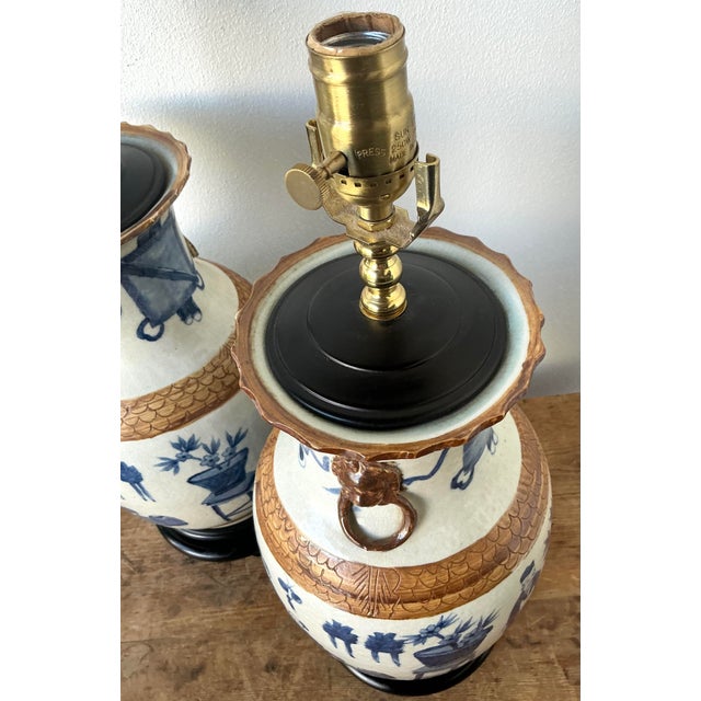 Vintage Asian Blue and White Porcelain Vase Lamps - A Pair For Sale In West Palm - Image 6 of 12