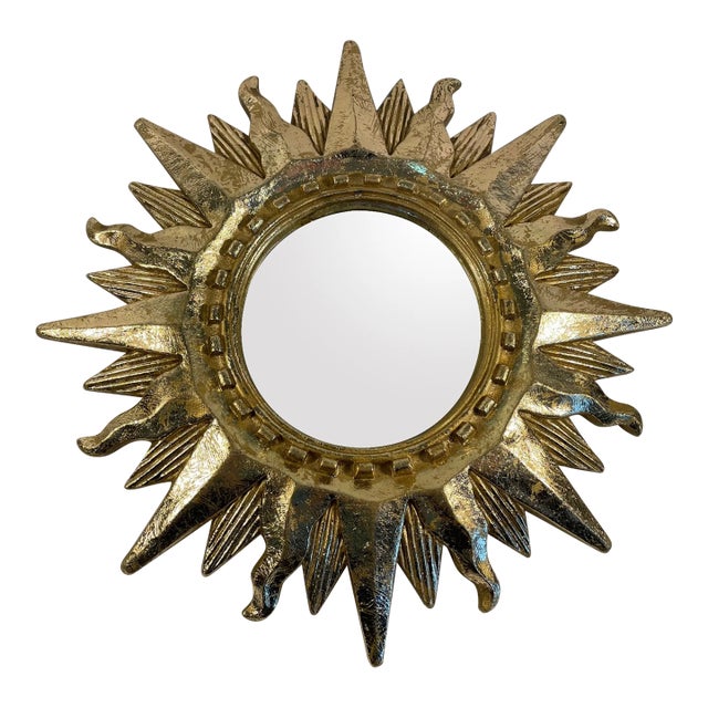 Vintage 1960s Bright Gold Sunburst Wall Mirror For Sale