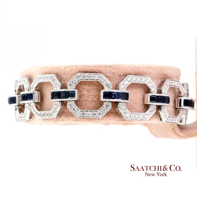 Contemporary 18k Sapphire Diamond Bracelet Womens White Gold 7.42in Milgrain Art Deco For Sale - Image 3 of 9