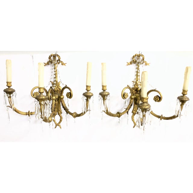 Pair Grand Scale French Louis XVI Three-Arm, Swags & Crystal Sconces/Unlacquered Brass For Sale - Image 4 of 4
