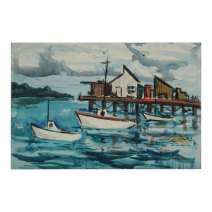 Mid Century Modern Nautical Landscape - Sailboats by the Wharf by Bertram Spencer