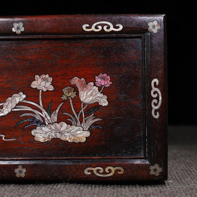 Zitan Wood Box With Mother-of-Pearl Lotus & Fish Inlay For Sale - Image 10 of 10