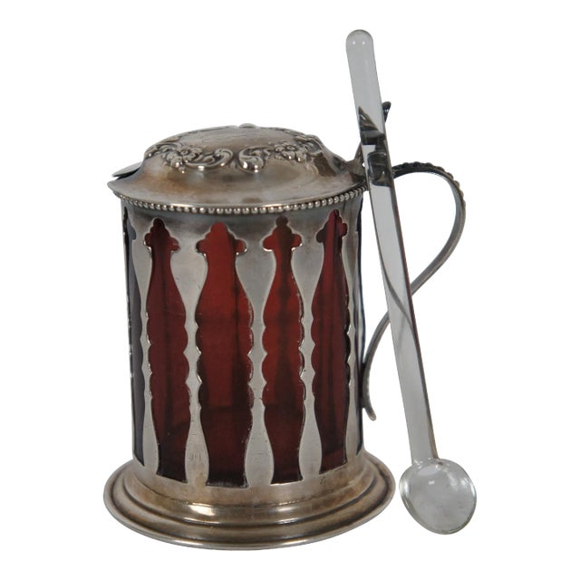 Antique American Sterling Silver & Ruby Glass 105 Condiment Pot & Spoon For Sale
