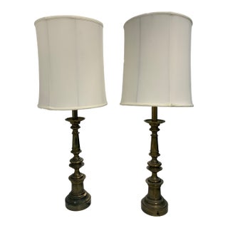 Vintage Stiffel Mid Century Modern Large Brass Candlestick Table Lamps and Shades - a Pair For Sale
