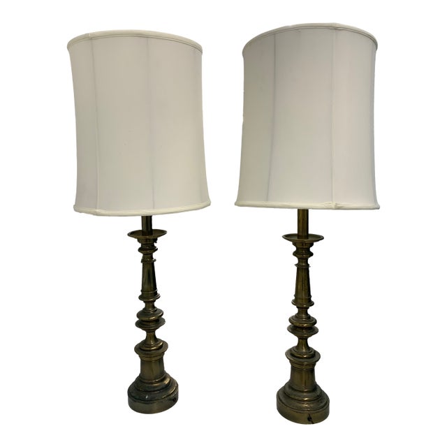 Vintage Stiffel Mid Century Modern Large Brass Candlestick Table Lamps and Shades - a Pair For Sale