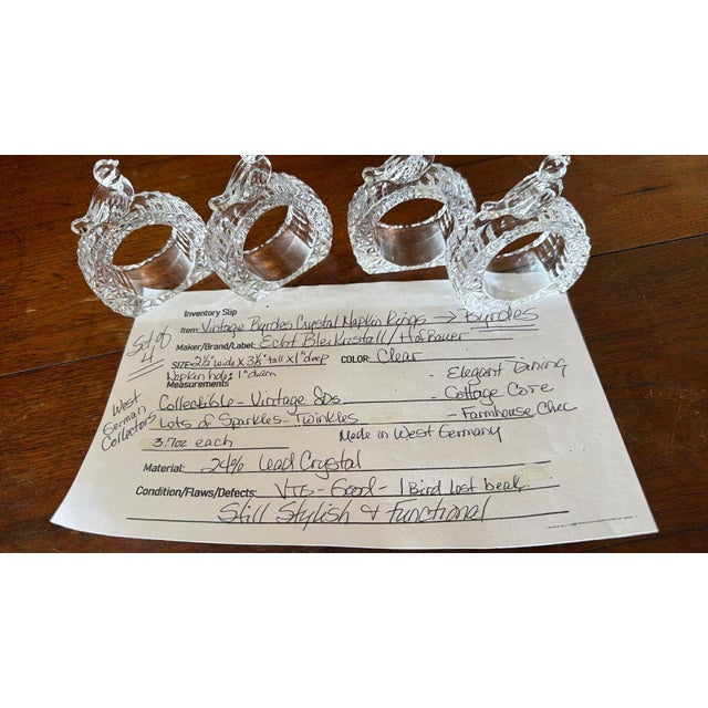 Vintage Byrdes crystal napkin rings from the 1980s collection by Hofbauer. Crafted in West Germany from 24% lead crystal,...