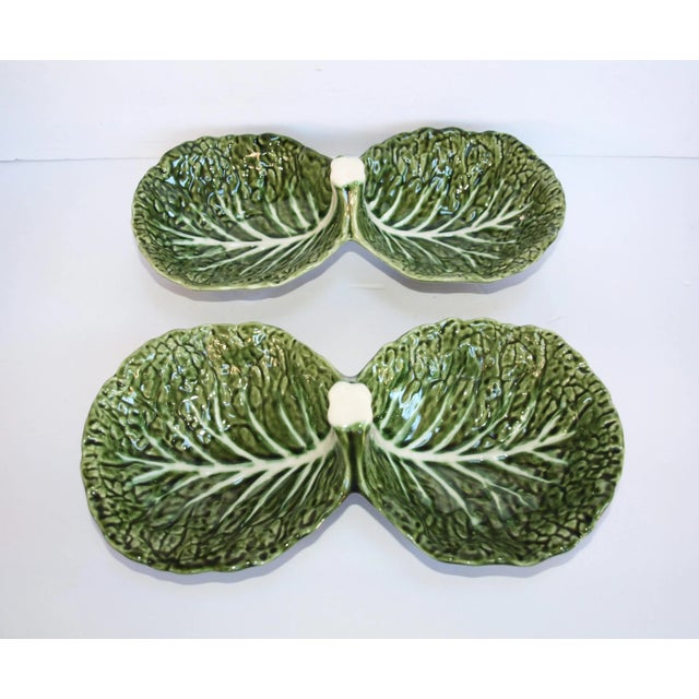 Pair Belo Faiancas Portugal Green Cabbage double sided serving dishes. Leaf design with white strip. Measures 11 ¾” long,...
