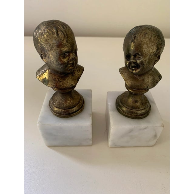 Vintage Brass & Marble Child Busts Bookends - a Pair For Sale - Image 9 of 11