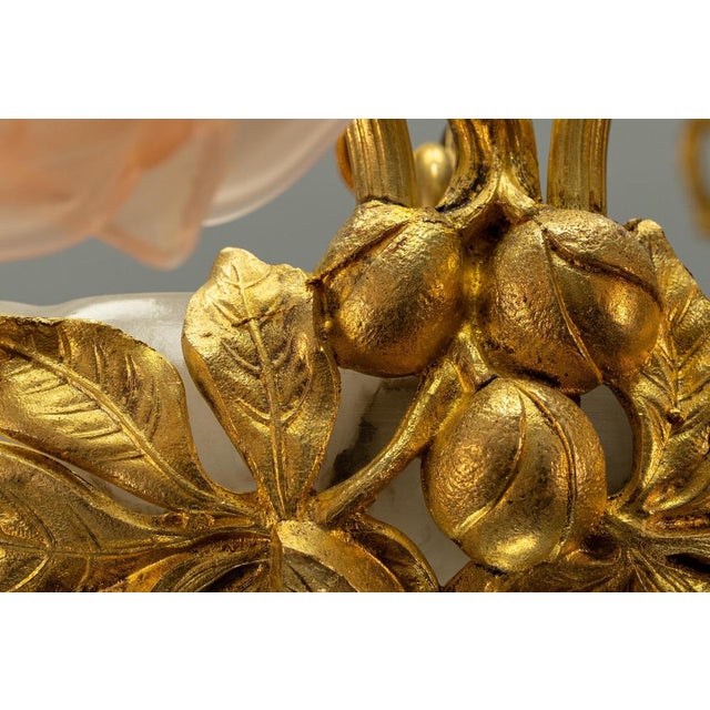 French Art Nouveau Chandelier with Alabaster Bowl & Pink Glass Shades, 1920 For Sale - Image 15 of 18