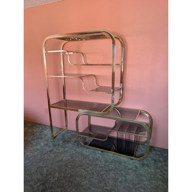 DIA - Design Institute America Deco Brass & Smoked Glass Adjustable Display Shelf/Etagere, C1980s For Sale - Image 4 of 10