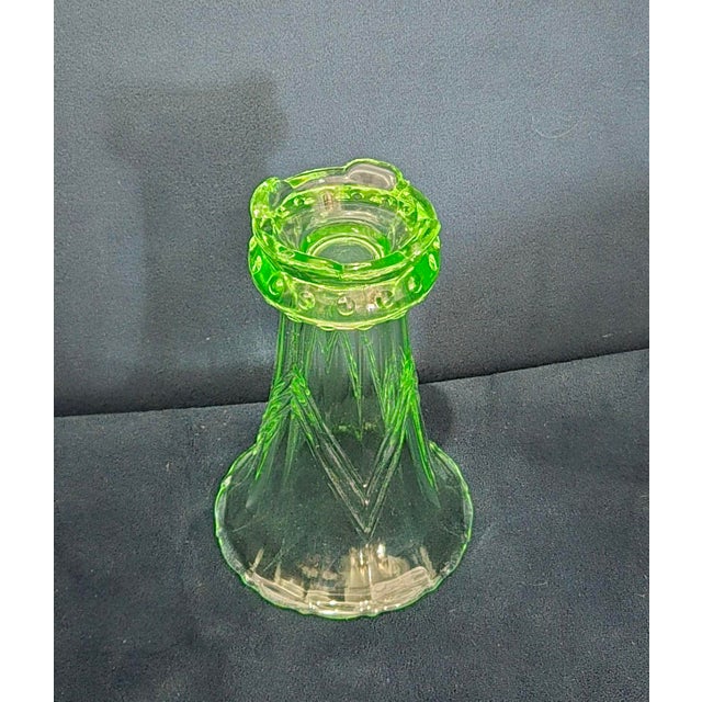 Exceptional piece of European interwar glassmaking history: 1930s Art Deco pressed uranium glass reversible trumpet vase &...