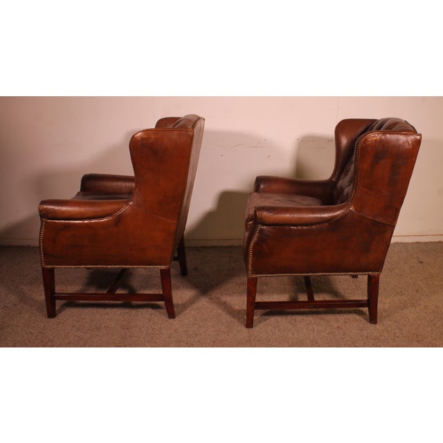 Vintage Wingback Chesterfield Chairs in Brown Leather, 1990s, Set of 2 For Sale - Image 9 of 11