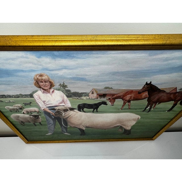 British Oil Portrait Painting Camilla Parker Bowles at Wiltshire Farm Prized Sheep & Horses, Signed Diana Douglas Hamilton Dated 2002 For Sale - Image 9 of 12