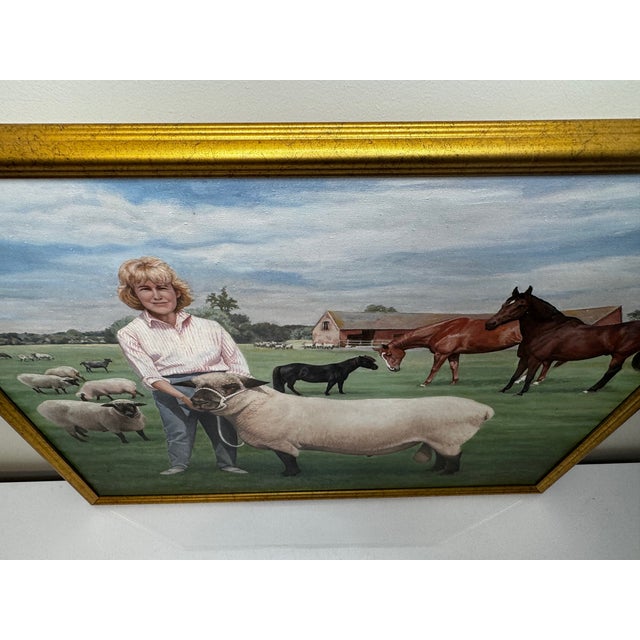 Historic British Portrait Oil Painting Camilla Parker Bowles Wiltshire Farm Prized Sheep & Horses, F For Sale - Image 9 of 12
