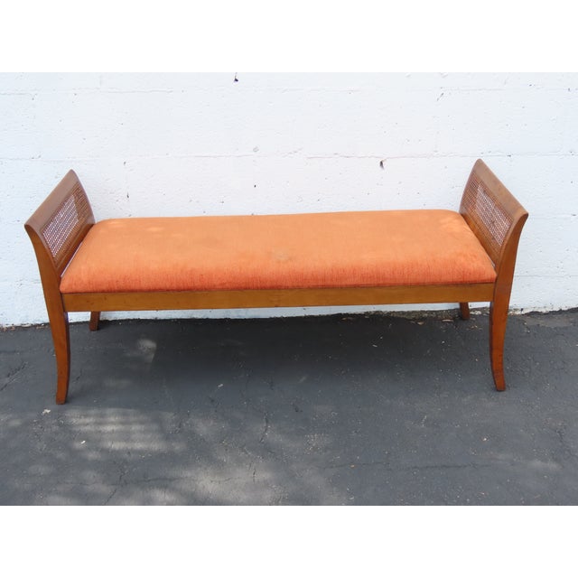 Mid Century Modern Caned Long Upholstered Window Hall End of Bed Bench 6636 For Sale - Image 12 of 15