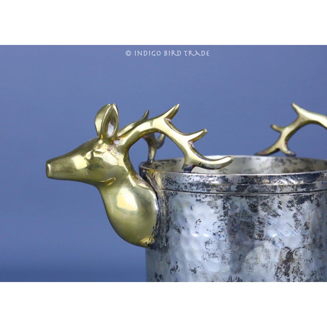 Mid-Century Modern Vintage Wine Coaster Holder Hammered Silver Metal and Brass Deer Head Handles For Sale - Image 3 of 9