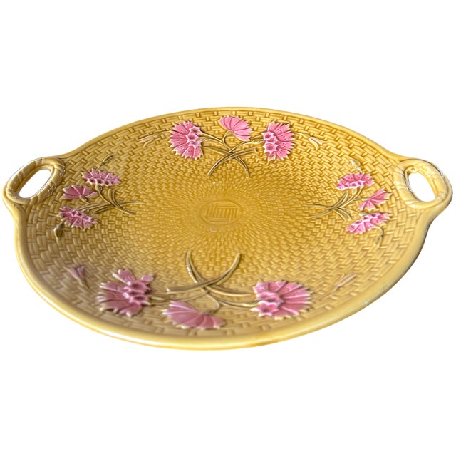 English Antique Gs Zell Majolica Pink Dianthus Carnations on Basketweave Porcelain Platter, Germany, C. 1890s For Sale - Image 3 of 8