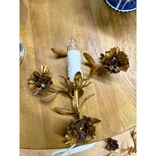 French Provincial Antique French Tole Floral Wall Sconces, Gilt Iron, Rewired (1 Double, 2 Single) - Set of 3 For Sale - Image 3 of 8