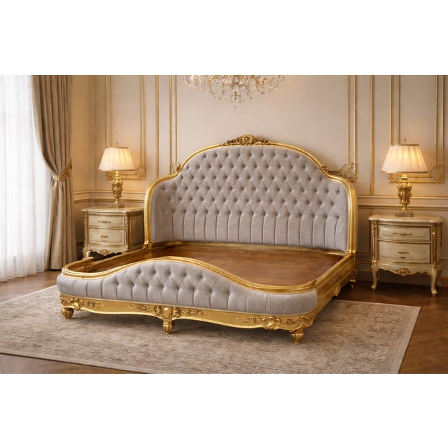 Late 19th Century 1880 French LouisXVI Gold Beech Velvet Corbeille Bedframe 4pc Set For Sale - Image 5 of 13