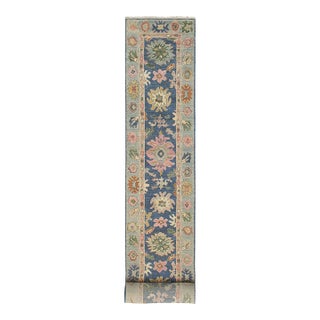 Shabby Chic Ziegler Oushak Blue/Beige Wool Runner Rug- 2'8'' X 18'11'' For Sale