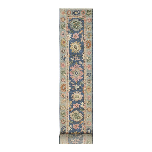 Shabby Chic Ziegler Oushak Blue/Beige Wool Runner Rug- 2'8'' X 18'11'' For Sale