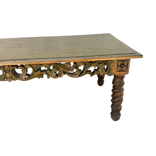 Mid-Century Modern 1930s Vintage Filipino Barley Twist Coffee Table With Intricate Carved Apron For Sale - Image 3 of 14