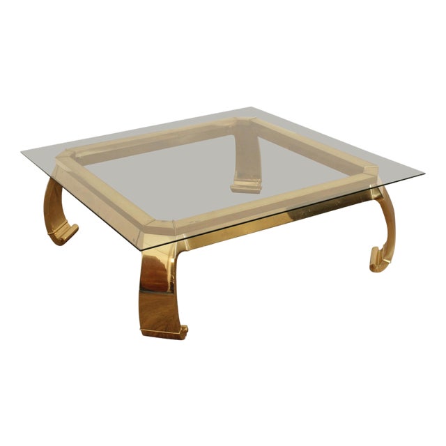 Mastercraft Attributed Hollywood Regency Asian Inspired Brass and Glass Coffee Table For Sale