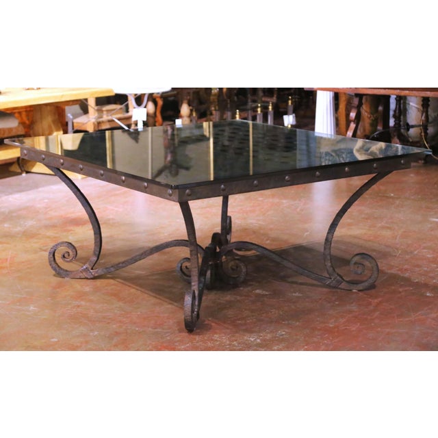 Gray Mid-Century French Iron and Oak “Hérisson À Bouteilles” Table With Glass Top For Sale - Image 8 of 15