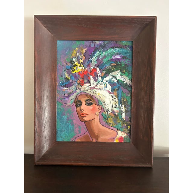 Vintage 1960’s original oil painting on panel of a Las Vegas showgirl. Bright colors, very well done. No signature, in...