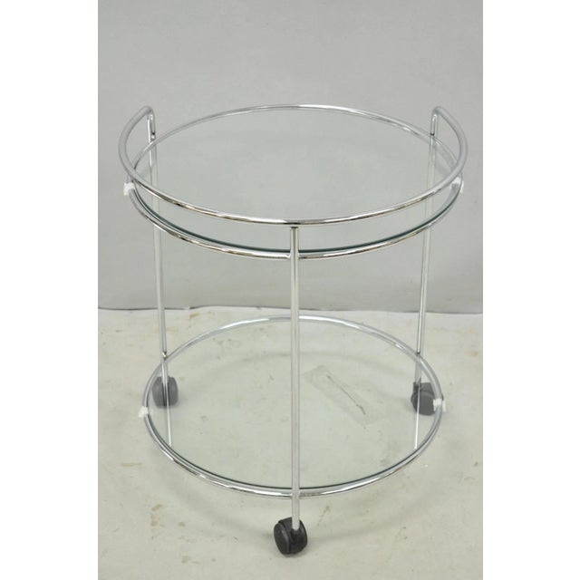 Vintage Mid Century Modern Chrome Round Glass 2 Tier Rolling Bar Cart Side Table For Sale - Image 10 of 11