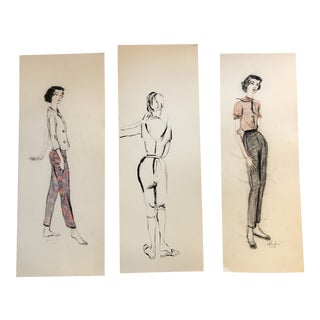 Gallery Wall Collection-3 Original 1950’s Fashion Illustrations Charcoal/Pastel/Ink For Sale