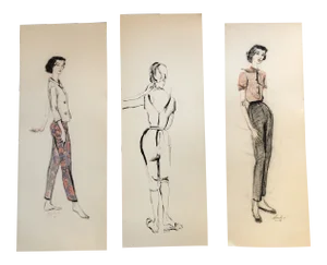 Gallery Wall Collection-3 Original 1950’s Fashion Illustrations Charcoal/Pastel/Ink