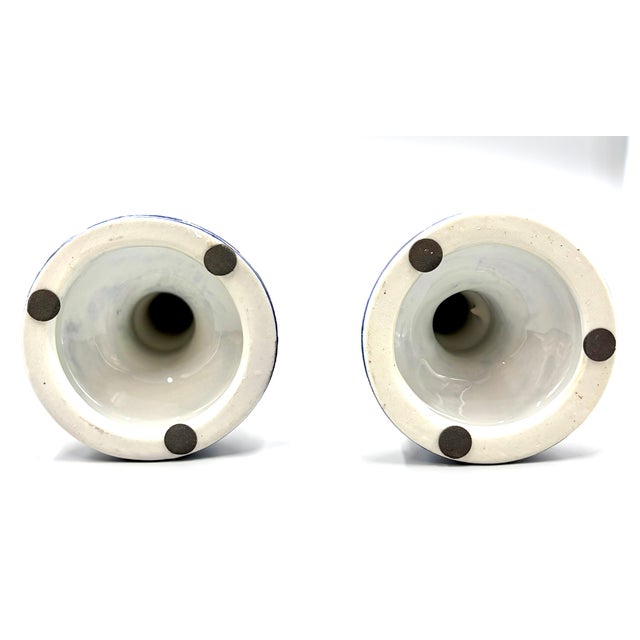 Late 20th Century Vintage French Fleur-De-Lis Blue & White Porcelain Candlesticks - A Pair For Sale - Image 5 of 8