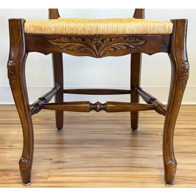 Brown Vintage French Country Rush Seat Carved Wood Chairs, a Pair For Sale - Image 8 of 10