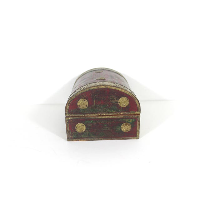 Boho Chic Vintage Humpback Dome Top Wood and Brass Box, Brass Trim, Lidded, Hinged Lid Box, Brown Red Green Gold Trinket For Sale - Image 3 of 10